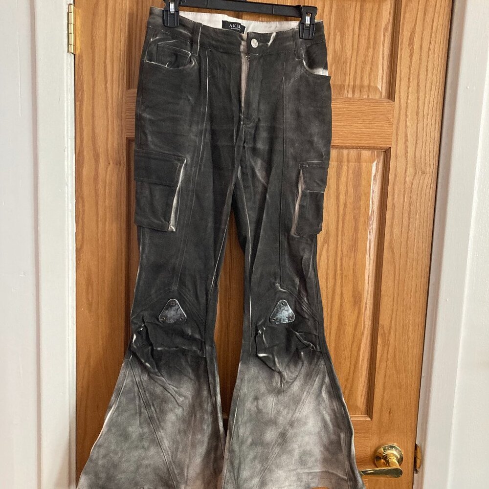 Akira Gray/White flared jeans with metal knee plates, Small